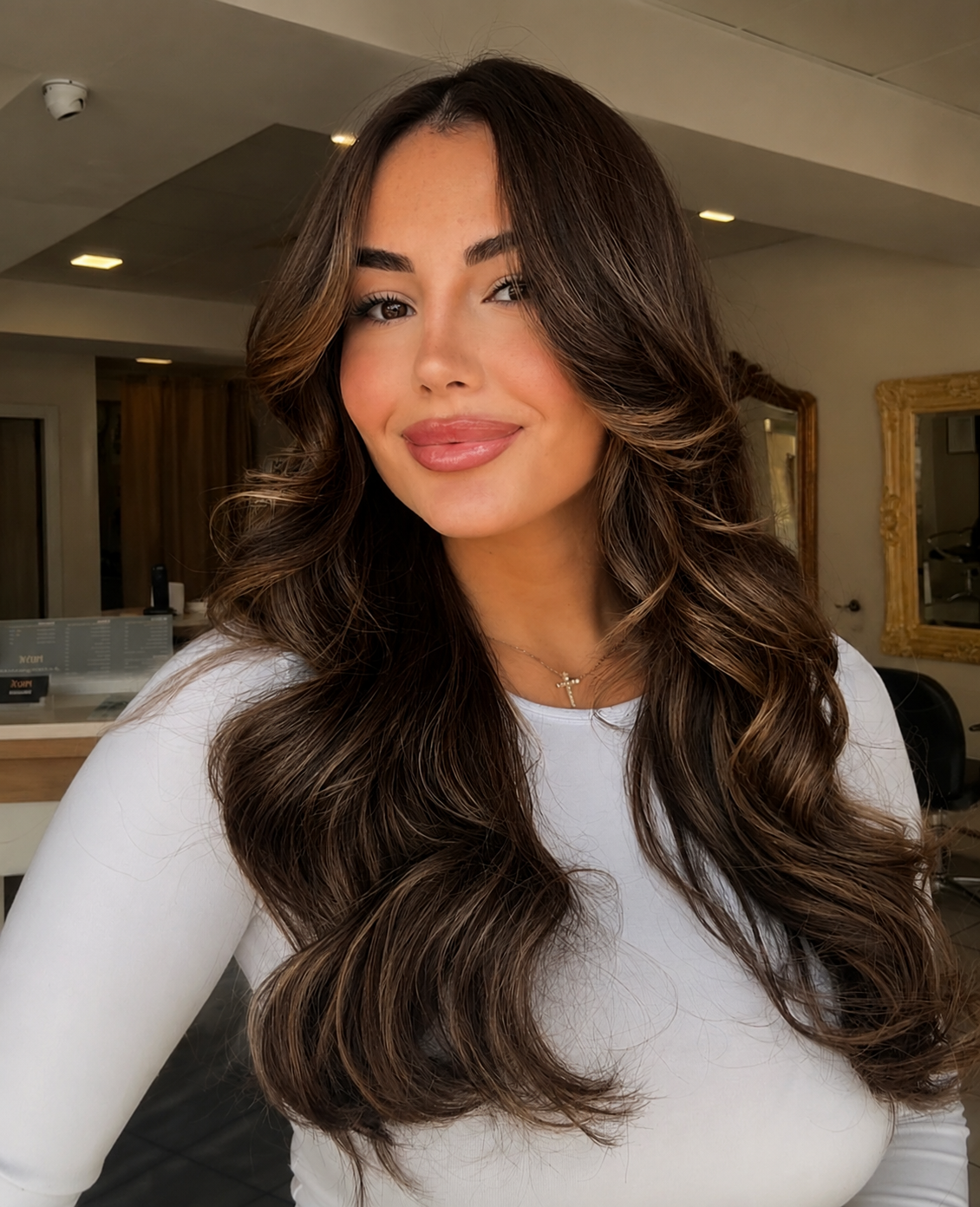 Brunette bouncy blow-dry with caramel highlights in the salon