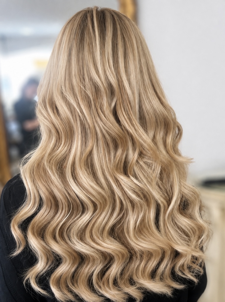 Beige blonde balayage with long soft bouncy waves